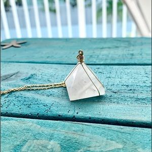 Wire Wrapped Rose Quartz Crysta Pyramid Long Gold Necklace